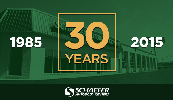 | Schaefer Autobody Centers 30 years overlayed on green background on top of photo of schaefer location
