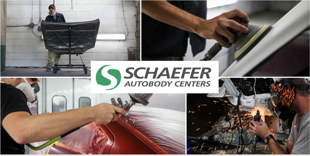 | Schaefer Autobody Centers schaefer logo over four photos of technicians working on vehicles