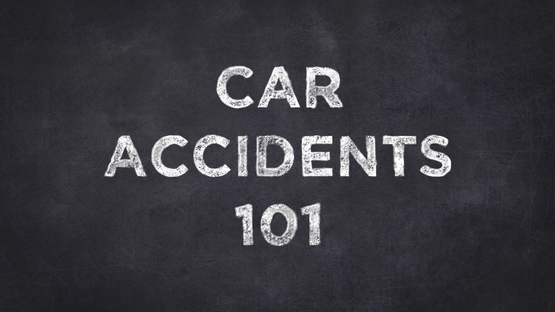 | Schaefer Autobody Centers Car Accidents 101 written in chalk on black board