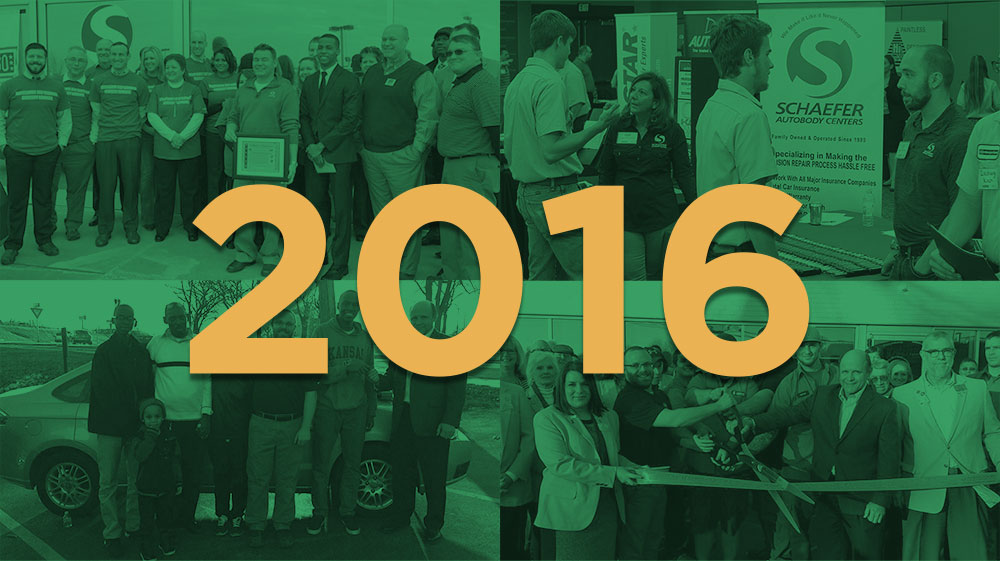 | Schaefer Autobody Centers 2016 over a green overlay atop four photos of people