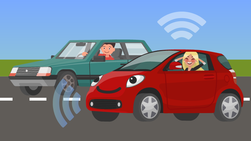 | Schaefer Autobody Centers illustration of two cars driving, one without a driver