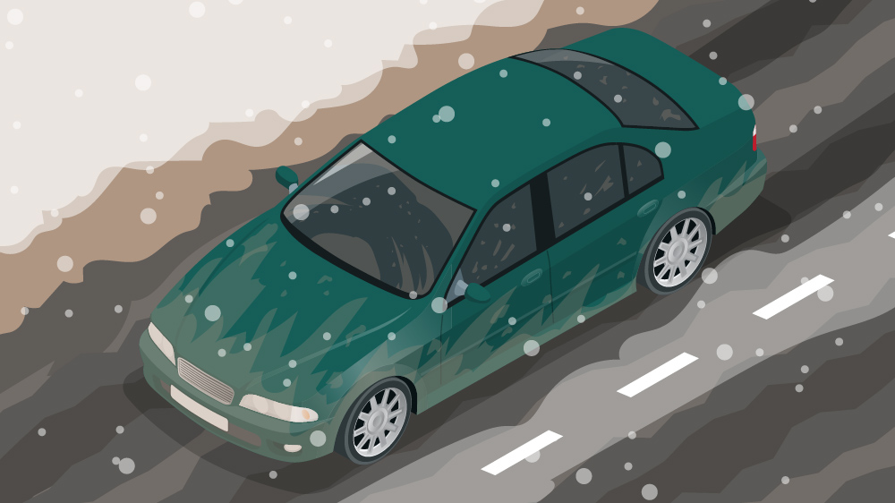 illustration of car in snowy weather driving down the road