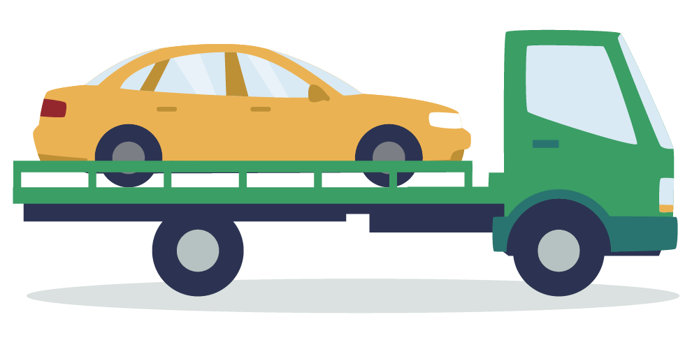 yellow car on green, flatbed tow truck